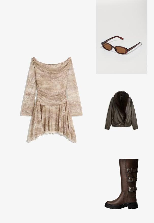 Ruskea nahkatakki, jossa on tekoturkiskaarroke, rento leikkaus, ribbikudottu vyötärö ja kaksi sivutaskua. Kaksi etupainiketta sulkemista varten.; Pitkät hihaiset mekko beige käärmeennahkakuosisena, jossa on roikkuva kaula-aukko, istuva yläosa ja liehuva hame epäsymmetrisellä helman muodolla. Pehmeä, teksturoitu kangas.; Ruske nahke čizme do kolena s tri metalna kopčanja, teksturirana površina, zaobljen vrh i debeli đon za stabilnost.; Pyöreät, ruskehtavat aurinkolasit, joissa on kiiltävä burgundinpunainen runko. Kapeat sivut, joissa on hienovarainen brändäys. Litteät linssit.