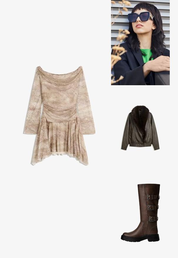 Ruskea nahkatakki, jossa on tekoturkiskaarroke, rento leikkaus, ribbikudottu vyötärö ja kaksi sivutaskua. Kaksi etupainiketta sulkemista varten.; Pitkät hihaiset mekko beige käärmeennahkakuosisena, jossa on roikkuva kaula-aukko, istuva yläosa ja liehuva hame epäsymmetrisellä helman muodolla. Pehmeä, teksturoitu kangas.; Ruske nahke čizme do kolena s tri metalna kopčanja, teksturirana površina, zaobljen vrh i debeli đon za stabilnost.; Yli suuri musta aurinkolasit paksulla kehällä ja kultaisella korostuksella, käytetty mustan bleiserin ja kirkkaan vihreän paidan kanssa vaakasuoraa taustaa vasten.