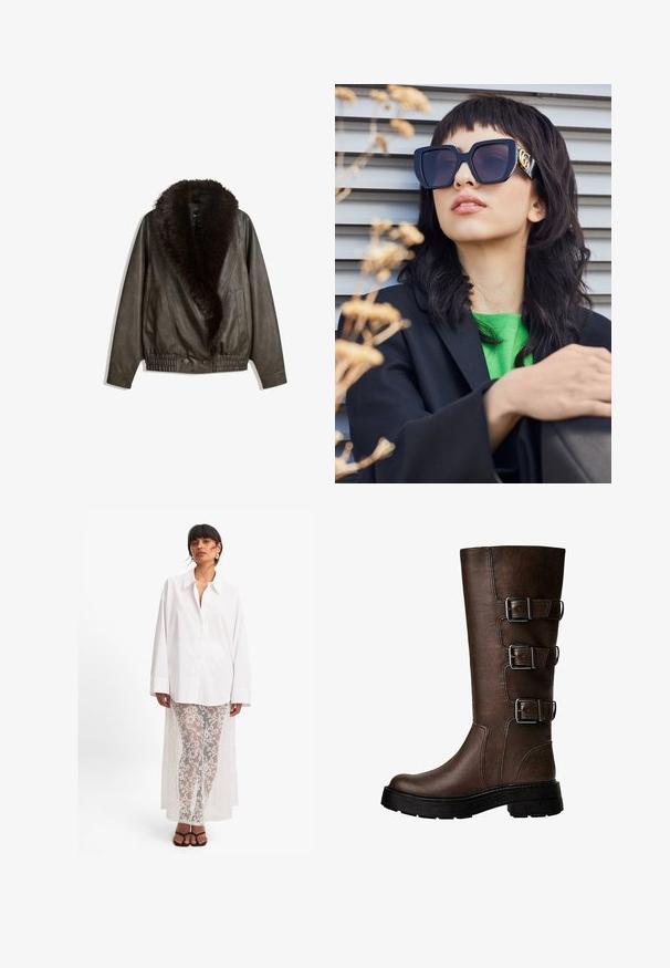 Bruine leren jas met een nepbont kraag, ontspannen pasvorm, geribbelde tailleband en twee zijzakken. Voorzien van twee knopen aan de voorkant voor sluiting.; Bruine nep leren haltertop met een diepe V-hals, een aansluitend ontwerp en een ritssluiting aan de voorkant. De stof heeft een gladde, glanzende textuur.; Witte overhemd met lange mouwen, gecombineerd met doorschijnende witte kanten broeken met een bloemenpatroon en een lange achterkant. Zwarte sandalen.; Bruine leren kniehoge laars met drie metalen gespen, textuur op de oppervlakte, ronde neus en stevige zool voor stabiliteit.; Overgedimensioneerde zwarte zonnebril met een dikke rand en gouden accent, gedragen met een zwarte blazer en felgroen shirt, tegen een horizontale achtergrond.