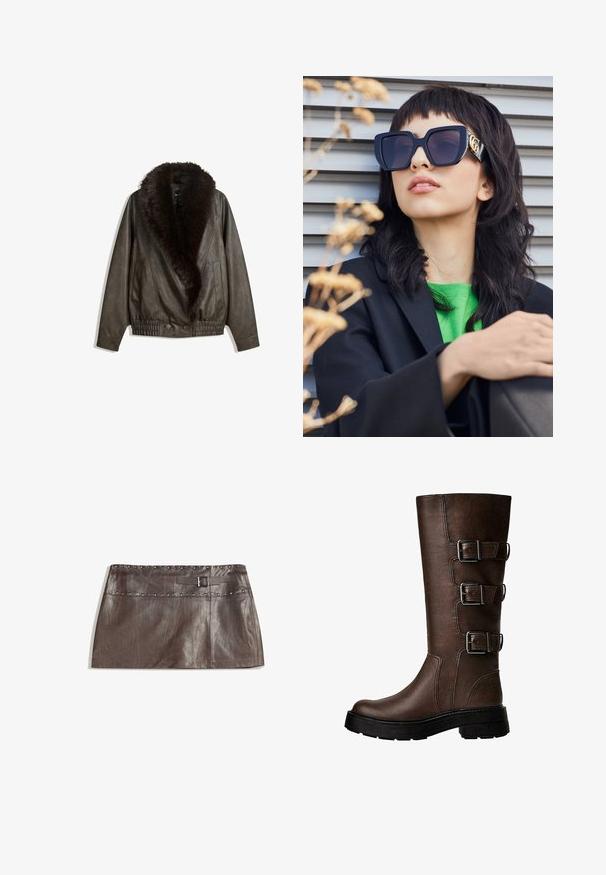 Barna bőrkabát műszőrme gallérral, laza fazonnal, bordázott derékrészsel és két oldalsó zsebbel. Két gomb található az elülső részen a záródáshoz.; Rövidített fehér ing, hegyes gallérral, hosszú ujjakkal és sima textúrával. Elöl gombos záródás, az inghez illő gombokkal.; Barna bőr mini szoknya, szegecselt derékrésszel és csatos övhurkokkal, sima textúrával és letisztult, egyenes fazonnal.; Barna bőr térdig érő csizma három fém csattal, texturált felület, kerek orr és vastag talp a stabilitás érdekében.; Túlméretezett fekete napszemüveg vastag kerettel és arany díszítéssel, fekete blézerral és élénk zöld inggel viselve, vízszintes háttér előtt.; Barna bőr hobo táska, laza fazonú és sima textúrájú. Egy modell viseli hétköznapian, nagy nyílással és lekerekített formával.