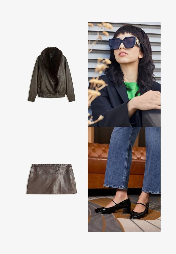 Hnědá kožená bunda s umělou kožešinou kolem límce, volný střih, žebrovaný pas a dvě boční kapsy. Obsahuje dva přední knoflíky pro zapínání.; Zkrácená bílá košile s krátkým límcem, dlouhými rukávy a hladkým povrchem. Obsahuje přední límec s odpovídajícími knoflíky.; Hnědá kožená mini sukně s kovovými cvočky na pase a poutkem na opasek s přezkou, hladká textura a elegantní, rovný střih.; Černé lakované lodičky s špičatou špičkou, blokovým podpatkem a páskem kolem kotníku, nošené s širokými džínovými kalhotami na vzorovaném koberci.; Příliš velké černé sluneční brýle s tlustým rámem a zlatým akcentem, nošené s černým sako a jasně zelenou košilí, na horizontálním pozadí.; Hnědá kožená kabelka hobo s volným designem a hladkým povrchem. Nositelná neformálně modelem, s velkým otvorem a zaobleným tvarem.