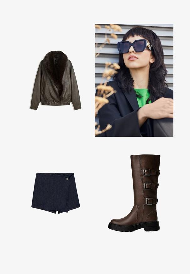 Jachetă din piele maro cu guler din blană artificială, croială lejeră, talie cu nervuri și două buzunare laterale. Prezentă două nasturi frontali pentru închidere.; Cămășă albă decupată, cu guler ascuțit, mâneci lungi și o textură netedă. Are o clapetă frontală cu nasturi asortați.; Șorturi din denim închis, cu un design înfășurat și un detaliu cu un nasture în față. Prezintă un tiv curat și o textură netedă.; Botă maro din piele până la genunchi, cu trei catarame metalice, suprafață texturată, vârf rotunjit și talpă groasă pentru stabilitate.; Ochelari de soare supra-dimensionați, de culoare neagră, cu un cadru gros și accente aurii, purtați cu un sacou negru și o cămașă verde aprins, pe un fundal orizontal.; Geantă hoboo din piele maro cu un design lejer și o textură netedă. Purtați-o casual de un model, având o deschidere mare și o formă rotundă.