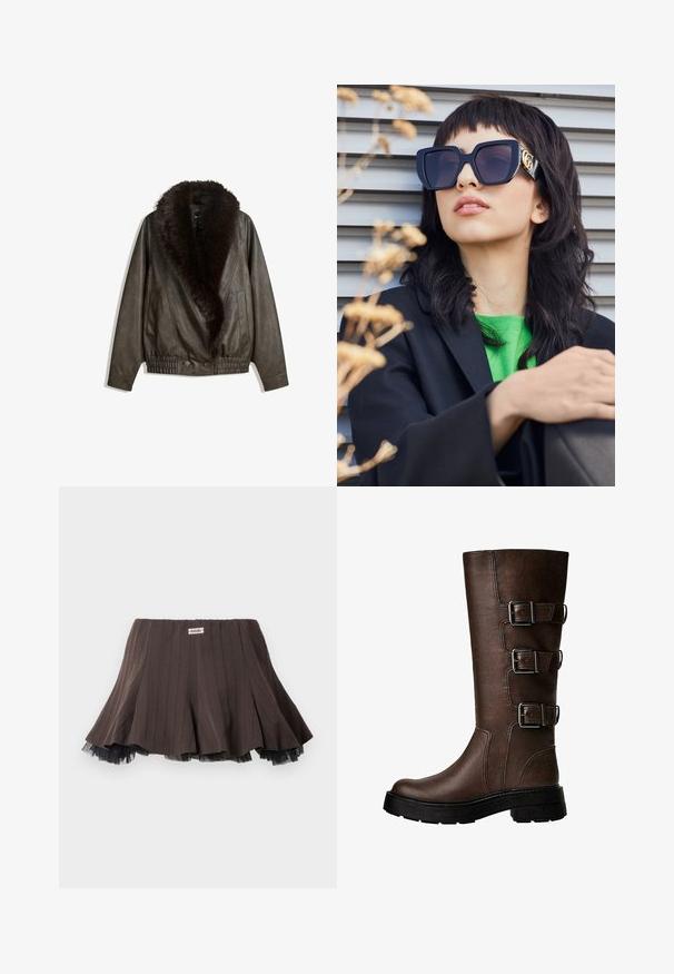 Brązowa skórzana kurtka z kołnierzem z sztucznego futra, luźny krój, ściągacz w pasie i dwie boczne kieszenie. Posiada dwa przednie guziki do zapięcia.; Przycięta biała koszula z guzikami, z zaostrzonym kołnierzykiem, długimi rękawami i gładką teksturą. Posiada przód z pliską i dopasowanymi guzikami.; Brąskowa spódnica plisowana z teksturowanej tkaniny, z warstwowym czarnym tiulem na dole i małą metką z logo na pasie.; Brązowy skórzany wysokich but na kolano z trzema metalowymi klamrami, teksturowana powierzchnia, okrągły czubek i masywna podeszwa dla stabilności.; Przesadnie duże czarne okulary przeciwsłoneczne z grubą oprawką i złotym akcentem, noszone z czarną marynarką i jasnoróżową koszulą, na poziomym tle.