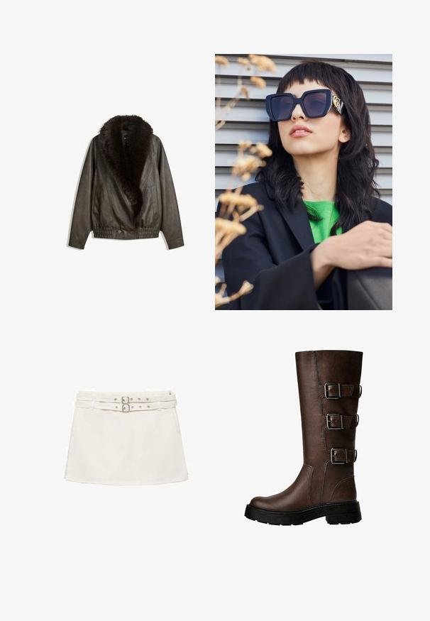 Brązowa skórzana kurtka z kołnierzem z sztucznego futra, luźny krój, ściągacz w pasie i dwie boczne kieszenie. Posiada dwa przednie guziki do zapięcia.; Przycięta biała koszula z guzikami, z zaostrzonym kołnierzykiem, długimi rękawami i gładką teksturą. Posiada przód z pliską i dopasowanymi guzikami.; Biała dżinsowa mini spódniczka z podwójnym paskiem w talii, z metalowymi detalami w kolorze srebra oraz gładką, płaską fakturą. Prosty, casualowy design.; Brązowy skórzany wysokich but na kolano z trzema metalowymi klamrami, teksturowana powierzchnia, okrągły czubek i masywna podeszwa dla stabilności.; Przesadnie duże czarne okulary przeciwsłoneczne z grubą oprawką i złotym akcentem, noszone z czarną marynarką i jasnoróżową koszulą, na poziomym tle.; Brązowa skórzana torba hobo o luźnym designie i gładkiej teksturze. Nosi ją w sposób casualowy modelka, posiada dużą kieszeń i zaokrąglony kształt.