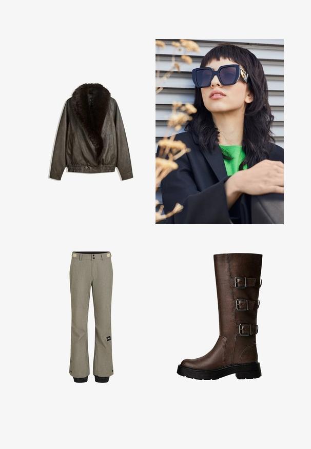 Brown leather jacket with a faux fur collar, relaxed fit, ribbed waistband, and two side pockets. Features two front buttons for closure.; Cropped white button-up shirt with a pointed collar, long sleeves, and a smooth texture. Features a front placket with matching buttons.; Light gray ski pants with a textured finish, featuring black elastic cuffs, two buttons, and a side logo patch.; Brown leather knee-high boot with three metallic buckles, textured surface, rounded toe, and chunky sole for stability.; Oversized black sunglasses with a thick frame and gold accent, worn with a black blazer and bright green shirt, against a horizontal backdrop.; Brown leather hobo bag with a slouchy design and smooth texture. Worn casually by a model, featuring a large opening and rounded shape.