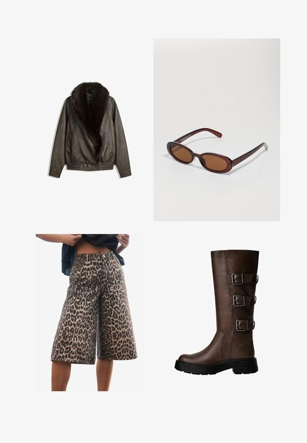 Brown leather jacket with a faux fur collar, relaxed fit, ribbed waistband, and two side pockets. Features two front buttons for closure.; Cropped white button-up shirt with a pointed collar, long sleeves, and a smooth texture. Features a front placket with matching buttons.; Leopard print denim shorts with a loose fit, mid-rise waist, structured seams, and a wide leg design. Fabric features a soft texture.; Brown leather knee-high boot with three metallic buckles, textured surface, rounded toe, and chunky sole for stability.; Round, brown-tinted sunglasses with a glossy burgundy frame. Slim arms with subtle branding detail. Flat lens design.; Brown leather hobo bag with a slouchy design and smooth texture. Worn casually by a model, featuring a large opening and rounded shape.