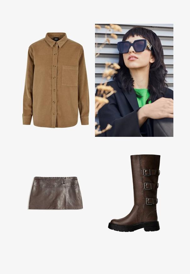 Brun læderjakke med krave i kunstpels, afslappet pasform, ribbet talje og to sidelommer. Har to frontknapper til lukning.; Brun fløjlsskjorte med knaplukning foran, spidse kraver, lange ærmer og en brystlomme. Har en subtil vertikal tekstur og brune knapper.; Brun læder mini nederdel med en nittet talje og en bælteløjfe med spænde, glat tekstur og slankt, lige design.; Brune læderknæstøvler med tre metalliske spænder, struktureret overflade, rund tå og chunky sål for stabilitet.; Overdimensionerede sorte solbriller med en tyk ramme og guld accenter, båret med en sort blazer og en lys grøn skjorte, mod en horisontal baggrund.; Brun læder hobo taske med et slouchy design og glat tekstur. Båret afslappet af en model, præget af en stor åbning og rund form.
