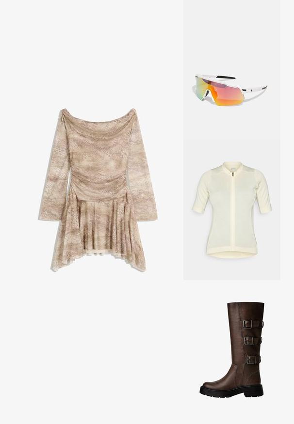 Bruine leren jas met een nepbont kraag, ontspannen pasvorm, geribbelde tailleband en twee zijzakken. Voorzien van twee knopen aan de voorkant voor sluiting.; Lichtgele fietsjersey met korte mouwen, slim fit, volle rits, subtiele textuurstof en een ronde kraag. Merknnaam op de voorkant.; Langsleeve jurk in beige slangenprint, met een gedrapeerde halslijn, een aansluitend lijfje en een uitlopende rok met een asymmetrische zoom. Zachte, gestructureerde stof.; Bruine leren kniehoge laars met drie metalen gespen, textuur op de oppervlakte, ronde neus en stevige zool voor stabiliteit.; Sweet Protection SHINOBI UNISEX - Zonnebril - rig topaz/satin white