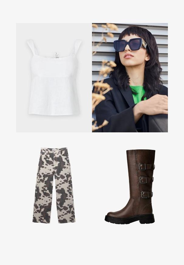 Brun læderjakke med krave i kunstpels, afslappet pasform, ribbet talje og to sidelommer. Har to frontknapper til lukning.; Hvid linned top med en afslappet pasform, der har justerbare skulderstropper og en bindebeslag ved halsudskæringen, glat tekstur og let design.; Bredde jeans i en beige farve med et brunt kuprinthmønster. Har knaplukning og design med fem lommer. Lavet af denimstof.; Brune læderknæstøvler med tre metalliske spænder, struktureret overflade, rund tå og chunky sål for stabilitet.; Overdimensionerede sorte solbriller med en tyk ramme og guld accenter, båret med en sort blazer og en lys grøn skjorte, mod en horisontal baggrund.