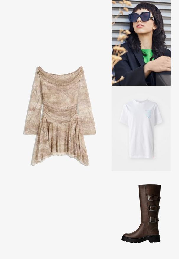 Brun læderjakke med krave i kunstpels, afslappet pasform, ribbet talje og to sidelommer. Har to frontknapper til lukning.; Hvid bomulds T-shirt med korte ærmer, der har et lysblåt grafisk motiv af et palmetræ og bølger på venstre brystområde.; Langærmet kjole i beige slangeskindsprint med en draperet halsudskæring, tætsiddende liv og flagrende nederdel med asymmetrisk kant. Blødt, tekstureret stof.; Brune læderknæstøvler med tre metalliske spænder, struktureret overflade, rund tå og chunky sål for stabilitet.; Overdimensionerede sorte solbriller med en tyk ramme og guld accenter, båret med en sort blazer og en lys grøn skjorte, mod en horisontal baggrund.