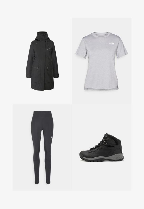 Sort vandtæt jakke med høj krave, justerbar hætte, to sidelommer med lynlås og et logo på brystet. Glat tekstur, skræddersyet pasform.; Grå kortærmet T-shirt lavet af blødt, fugttransporterende materiale. Har en rund hals og et lille hvidt logo øverst til venstre.; Sorte leggings med høj talje, lavet af strækbart stof. Inkluderer et lille hvidt logo på nederste højre side og sømme for struktur.; Sort vandrestøvle med en mellem-højde design, der har en tekstureret overdel, grå detaljer og en holdbar gummisål med skridsikre klodser.