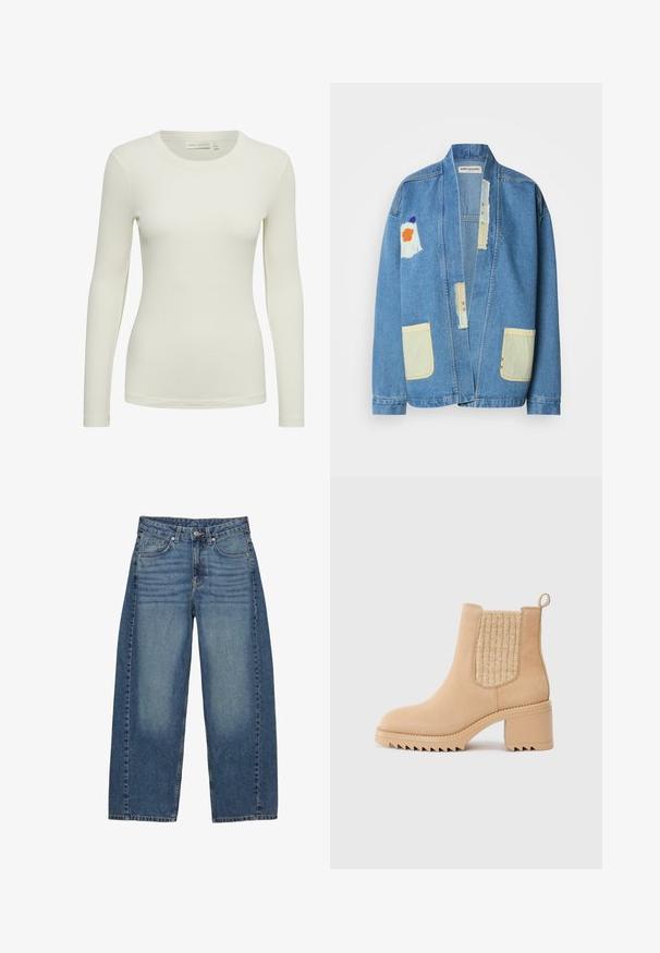 Denim jacket in lichtblauw met een losse pasvorm, voorzien van gele zakken, gemengde stof patches en zichtbare stikseldetails.; Langsleeve ribbeltop in off-white, met een ronde halslijn en een aansluitend ontwerp. Gemaakt van een zacht, glad materiaal met een subtiele textuur.; Brede blauwe jeans van denim, met een klassieke vijf-pocketontwerp, een vervaagde wassing en tonale stiksels.; Beige enkellaars met een textuur gebreid paneel, ronde neus en een chunky blokhak. Voorzien van een gegroefde zool voor betere grip.
