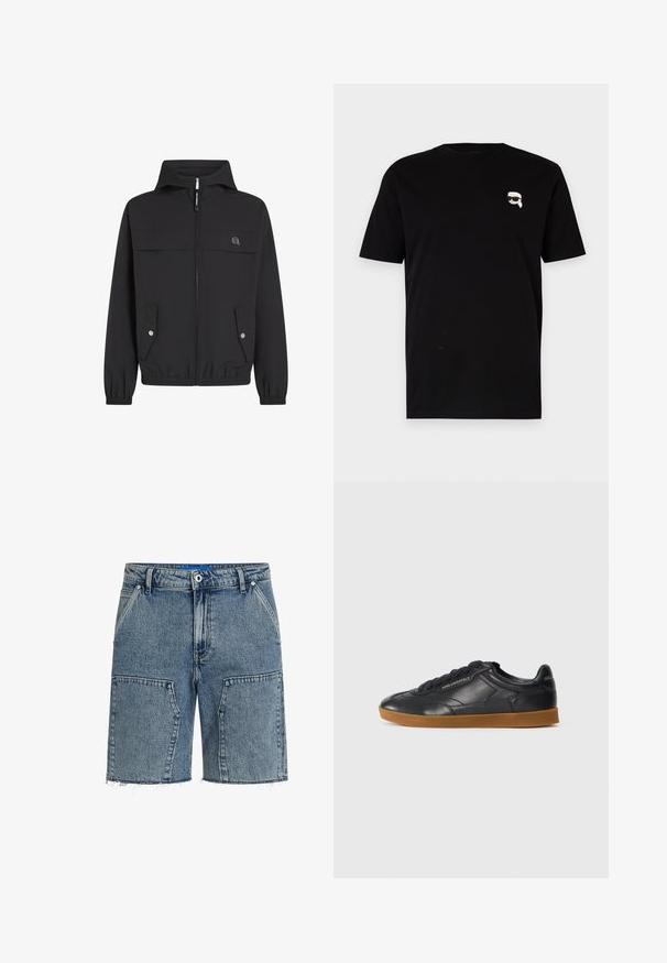 Črna kapuča z zadrgo, dvema sprednjima žepoma, elastičnimi manšetami in preprostim logotipom na levem prsnem delu. Gladek, lahek material.; Črna bombažna majica s kratkimi rokavi, ki vsebuje majhen bel grafični motiv lika z očali na levem prsnem delu. Klasična zasnova s krožnim ovratnikom.; Denim kratke hlače v svetlo modri barvi, z ohlapnim krojem, razfrkanimi robovi in velikimi sprednjimi žepi. Narejene so iz teksturiranega denim blaga.; Črne usnjene superge s zaobljenim nosom, z vezalkami spredaj in kontrastnim gumijastim podplatom. Imajo vtisnjeno blagovno znamko na strani in zadaj.
