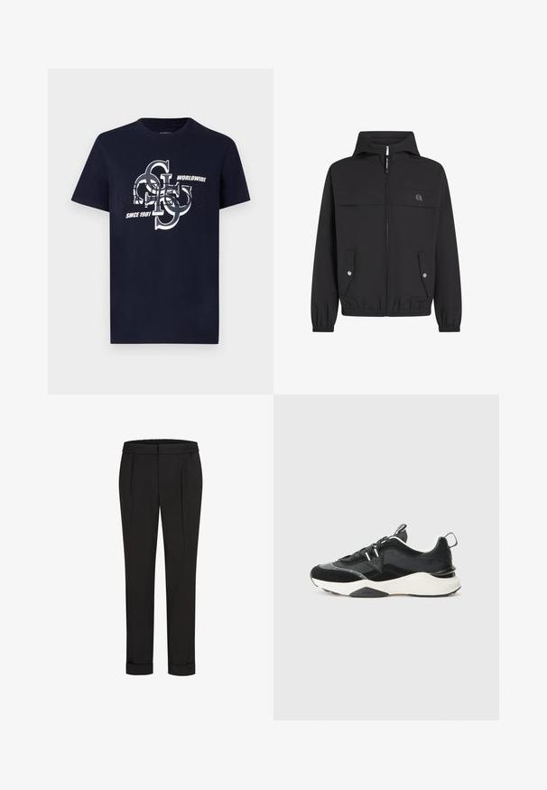 Melna kapucēta jaka ar rāvējslēdzēju, divām priekšējām kabatām, elastīgām piedurknēm un vienkāršu logotipu kreisajā krūtī. Gluds, viegls audums.; Tumši zils kokvilnas T-krekls ar īsām piedurknēm, kas piedāvā grafisku logo dizainu baltā krāsā. Teksts ietver "Guess," "Worldwide" un "Since 1981."; Melni bikses ar elastīgu jostu, ar taisna piegriezuma dizainu un sarullētām piedurknēm. Izgatavotas no gluda, auduma bez rakstiem.; Melni sporta apavi, kas izgatavoti no samta un acs materiāliem, ar masīvu baltu zoli un atstarotājiem. Iekša ar aukliņu dizainu un cilpu.