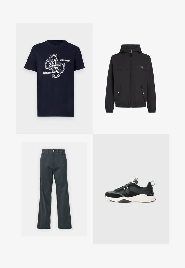 Must mustaga, millel on tõmblukk, kaks esi-taskut, elastsed varrukad ja lihtne logo vasakul rinnal. Sile, kerge kangas.; Tumesinine puuvillane T-särk lühikeste varrukatega, millel on valge graafiline logo kujundus. Tekst sisaldab "Guess," "Worldwide," ja "Since 1981."; Mustad püksid sirge säärega, valmistatud puuvillasegistuse kangast. Omavad metallist nööbiga sulgemist ja küljetaskuid. Ilma nähtavate mustriteta.; Musthave musta toss, mis on valmistatud suede ja võrkmaterjalide segust, paksu valge tallaga ja peegeldavate aktsentidega. Läbilöögiga disain, millel on tõmblukk.