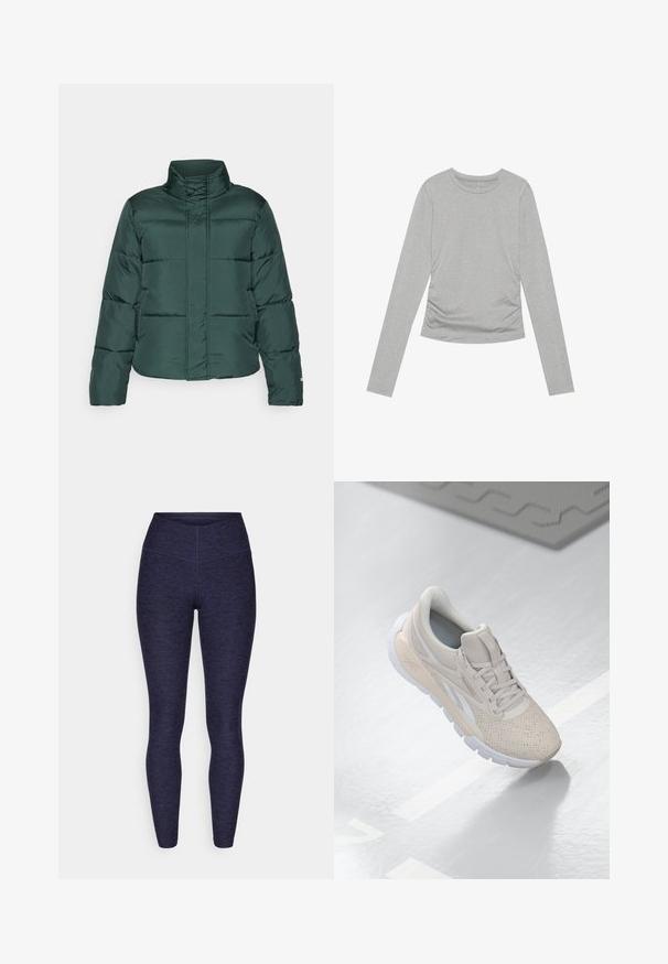 Žalias pūkuotas džemperis su aukšta apykakle, priekiniais užtrauktukais ir horizontaliu siuvinėjimu. Lygus paviršius su kontrastinga matinėmis detalėmis.; Pilkas ilgomis rankovėmis marškinėlis, pagamintas iš minkštos medžiagos, su paprastu apvaliu iškirpimu ir sukauptomis detalėmis šonuose.; Tamsiai mėlynos sportinės legging kelnės, pagamintos iš tekstūruoto, tampraus audinio, su aukštu juosmeniu ir lygiomis siūlėmis, užtikrinančiomis patogumą ir prigludimą.; Šviesiai smėliniai sportiniai batai su perforuotu viršumi, tekstūruotomis detalėmis, paminkštintu apvadu ir balta guma, sukurti komfortui ir kvėpuojamumui.