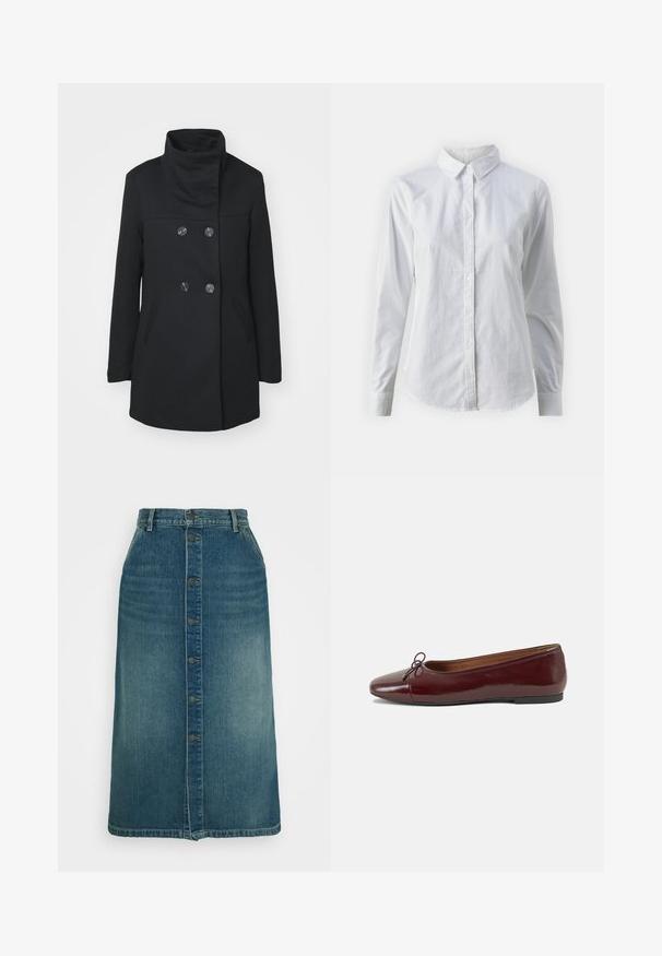 ONLY ONLSEDONA LIFE SOPHIA - Rövid kabát - black; Fehér, sima pamutből készült gombos ing, klasszikus gallérral, hosszú ujjakkal és ívelt hemvéggel. A gombok kicsik és fehérek.; Farmeregyüttes szoknya, közepes hosszúságú, sötétkék, copfokkal. Elöl gombos záródás, övkilépők és egyenes szabású szegély jellemzi.; Burgundi lakkbőr balettcipő kerek orral, elöl kis masni díszítéssel és alacsony, fekete gumi talppal. Simára csiszolt felület.