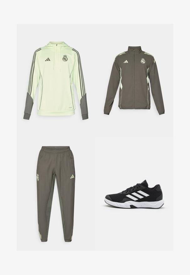 Grå jakke med høj krave, fuld lynlås og lysegrønne detaljer. Inkluderer Adidas-logoet og et våbenskjold design på brystet.; Lys grøn hættetrøje med grå detaljer, der har tre sorte striber på ærmerne, Adidas-logo og Real Madrid-våbenskjold.; Grå træningsbukser med elastisk talje, med en tekstureret overflade og kontrasterende grønne sidetryk. Inkluderer et logo-design.; Sorte atletiksko med en tekstureret mesh-overdel, hvide accentstriber, en polstret sål og en forstærket hæl for støtte.