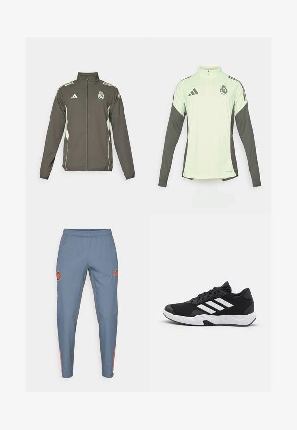 Giacca grigia con colletto alto, zip completa e dettagli verde chiaro. Include il logo Adidas e un design a stemma sul petto.; Jersey verde chiaro a maniche lunghe con accenti grigio scuro, collo a mezza zip e logo del Real Madrid. Realizzato in tessuto traspirante.; Pantaloni sportivi azzurri chiari con vita elastica, caratterizzati da un logo arancione e tre strisce arancioni lungo la gamba esterna.; Scarpe da ginnastica nere con una tomaia in mesh texturizzata, strisce bianche di accento, suola imbottita e tallone rinforzato per supporto.