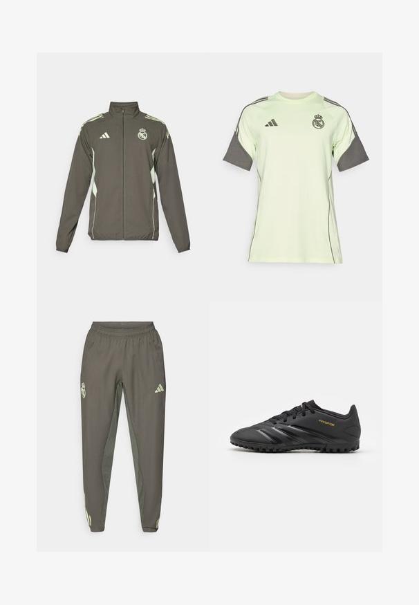 Szara kurtka z wysokim kołnierzem, pełnym zamkiem i jasnos zielonymi akcentami. Zawiera logo Adidas oraz wzór herbu na piersi.; Jasnozielony t-shirt z krótkim rękawem z szarymi akcentami, czarnym logo i paskami. Wykonany z oddychającego materiału, zaprojektowany z myślą o odzieży sportowej.; Szare spodnie sportowe z elastycznym pasem, o teksturowanym wykończeniu i kontrastującymi zielonymi akcentami po bokach. Zawierają detal z logo.; adidas Performance PREDATOR CLUb czarny