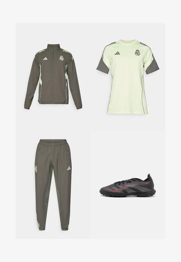 Hallhall jakk, millel on kõrge kaelus, täispikk tõmblukk ja heledat roheline aktsendid. Sisaldab Adidas logo ja rinnapadja disaini.; Hele rohelise lühikeste varrukatega särk hallide aktsentidega, musta logo ja triipudega. Valmistatud hingavast materjalist, mõeldud sportimiseks.; Hallid hallid spordipüksid elastse vöökohtaga, millel on tekstuurne viimistlus ja kontrastsete roheliste küljeaktsentidega. Sisaldab logo detaili.; Mustad jalgpallijalats musta värvi punaste aktsentidega, tekstuurne sünteetiline ülemine osa, nööriseos ja kummist nupukesed haardeks. Omab stiilset ja voolujoonelist disaini.