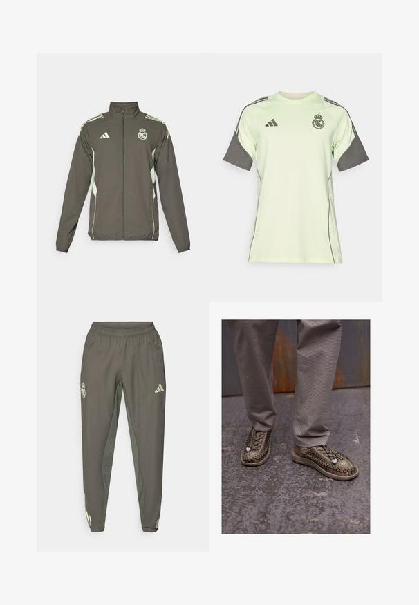 Gray jacket featuring a high collar, full zip, and light green accents. Includes the Adidas logo and a crest design on the chest.; Light green short-sleeve jersey with gray accents, black logo and stripes. Made from breathable material, designed for athletic wear.; Gray athletic pants with an elastic waistband, featuring a textured finish and contrasting green side accents. Includes a logo detail.; Beige woven sandals with thick soles, featuring an intricate lace pattern and white accent details, paired with gray checkered pants.