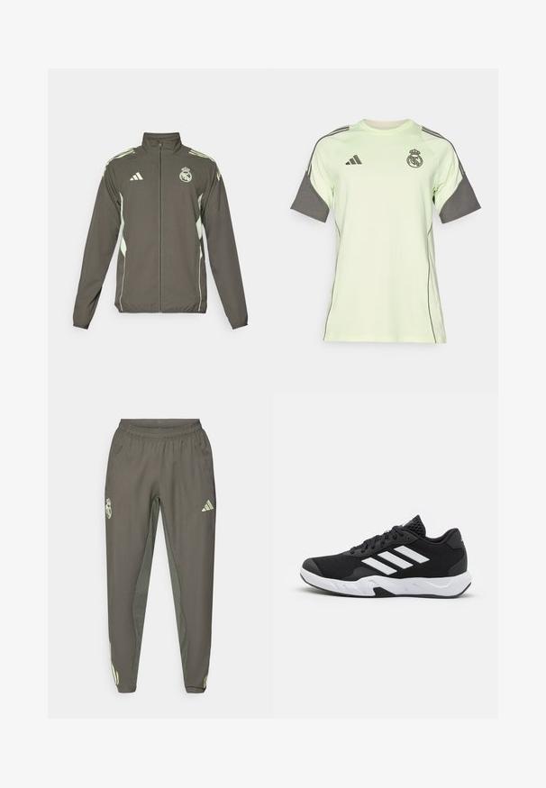 Gray jacket featuring a high collar, full zip, and light green accents. Includes the Adidas logo and a crest design on the chest.; Light green short-sleeve jersey with gray accents, black logo and stripes. Made from breathable material, designed for athletic wear.; Gray athletic pants with an elastic waistband, featuring a textured finish and contrasting green side accents. Includes a logo detail.; Black athletic shoes with a textured mesh upper, white accent stripes, a cushioned sole, and a reinforced heel for support.