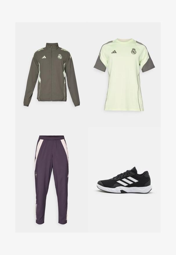 Grå jacka med hög krage, full dragkedja och ljusgröna detaljer. Inkluderar Adidas-logotypen och ett vapenmärke på bröstet.; Ljusgrön kortärmad jersey med grå detaljer, svart logotyp och ränder. Tillverkad av ventilerande material, designad för atletisk klädsel.; Mörklila träningsbyxor med vita sidostrijker och elastisk midja. Har en liten logotyp nära vänstra låret. Slät, lätt tyg.; Svarta sportskor med ett texturerat nätövre, vita accentlinjer, en dämpad sula och en förstärkt häl för stöd.