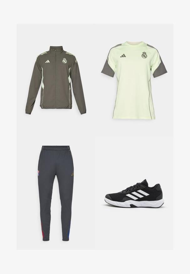 Pilkas švarkas su aukšta apykakle, visišku užtrauktuku ir šviesiai žaliais akcentais. Įtrauktas Adidas logotipas ir herbo dizainas krūtinėje.; Šviesiai žalia trumpų rankovių maikutė su pilkais akcentais, juodu logotipu ir juostelėmis. Pagaminta iš kvėpuojančios medžiagos, skirta sportinei aprangai.; Pilkos sportinės kelnės su liesa siluetu, su raudonais ir mėlynais šonais, elastinga juosta ir siuvinėtu logotipu priekyje.; Juodi sportiniai batai su tekstūruotu tinkliniu paviršiumi, baltais akcentų dryžiais, paminkštintu padu ir sustiprintu kulnu paramai.