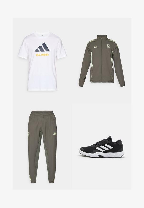 Grijze jas met een hoge kraag, volledige rits en lichtgroene accenten. Inclusief het Adidas-logo en een embleemontwerp op de borst.; Witte katoenen t-shirt met een marineblauw Adidas-logo en "REAL MADRID" in het geel gedrukt onder het logo. Korte mouwen, ronde hals.; Grijze sportbroek met een elastische tailleband, voorzien van een textuurafwerking en contrasterende groene accenten aan de zijkanten. Inclusief een logo-detail.; Zwarte sportieve schoenen met een geperforeerde mesh bovenkant, witte accentstrepen, een gevoerde zool en een versterkte hiel voor extra ondersteuning.