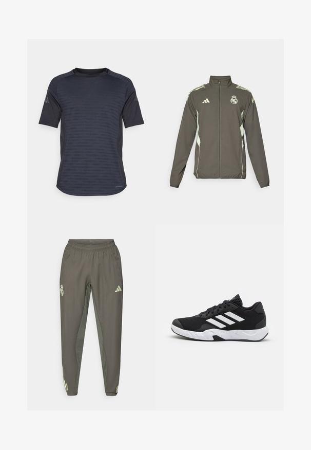 Grå jacka med hög krage, full dragkedja och ljusgröna detaljer. Inkluderar Adidas-logotypen och ett vapenmärke på bröstet.; Kortärmad träningströja i mörkgrått, med ett strukturerat mönster, fuktavledande tyg och rundad halsdesign.; Grå idrottsbyxor med elastisk midja, med en strukturerad yta och kontrasterande gröna sidopaneler. Inkluderar en logotypdetalj.; Svarta sportskor med ett texturerat nätövre, vita accentlinjer, en dämpad sula och en förstärkt häl för stöd.