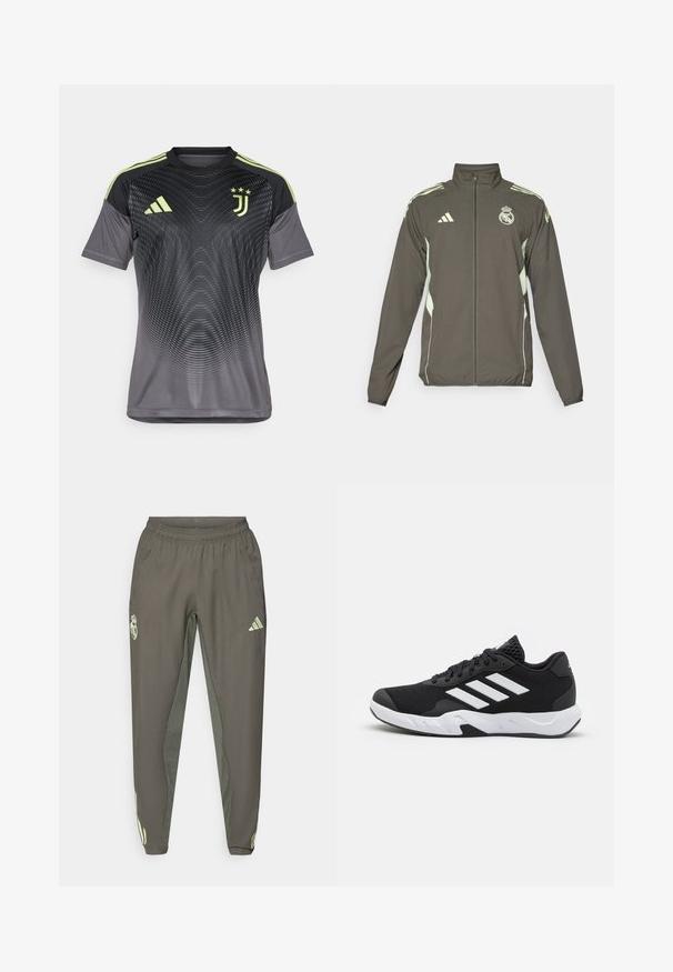 Harmaa takki, jossa on korkea kaulus, koko vetoketju ja vaaleanvihreät yksityiskohdat. Takissa on Adidas-logo ja vaakunasuunnittelu rinnassa.; Harmaa urheilu T-paita, jossa on liukuväri, mustat hihat, kolme vihreää raitaa olkapäillä ja Juventus-logo.; Harmaat urheiluhousut, joissa on joustava vyötärö, karhean pinnan ja erottuvan vihreän sivuvärityksen yksityiskohdat. Mukana logo.; Mustat urheilukengät, joissa on teksturoitu verkkomateriaali yläosassa, valkoiset korostusraidat, pehmustettu pohja ja vahvistettu kanta tuen vuoksi.