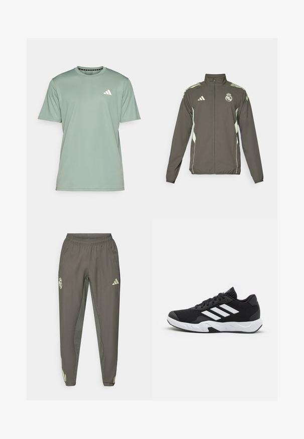 Chaqueta gris con un alto cuello, cierre completo y acentos en verde claro. Incluye el logo de Adidas y un diseño de escudo en el pecho.; adidas Performance Camiseta deportiva - silver green/white; Pantalones deportivos grises con cintura elástica, que presentan un acabado texturizado y acentos laterales verdes en contraste. Incluye un detalle de logo.; Zapatillas deportivas negras con una parte superior de malla texturizada, rayas de acento blancas, suela acolchada y talón reforzado para mayor soporte.