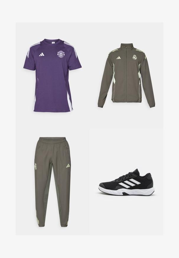 Veste grise avec un col montant, fermeture éclair intégrale et accents vert clair. Comprend le logo Adidas et un design d'écusson sur la poitrine.; Maillot de sport violet avec des accents blancs, doté de manches courtes, d'un col rond et du logo de Manchester United sur la poitrine. Fabriqué en tissu léger.; Pantalon de sport gris avec taille élastique, présentant une finition texturée et des accents latéraux verts contrastants. Comprend un détail de logo.; Baskets de sport noires avec une tige en mesh texturé, des rayures blanches, une semelle rembourrée et un talon renforcé pour le soutien.