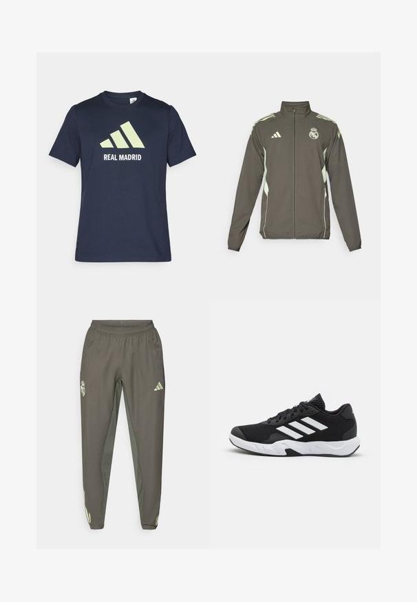 Sivina jakna z visokim ovratnikom, polnim zadrgo in svetlo zelenimi detajli. Vključuje logotip Adidas in grbni dizajn na prsih.; Mornarski modra bombažna majica z velikim svetlozelenim Adidasovim logotipom in besedilom "REAL MADRID" v beli barvi. Kratki rokavi, klasična krojena zasnova.; Sive atletske hlače z elastičnim pasom, z teksturirano površino in kontrastnimi zelenimi stranskimi akcenti. Vsebujejo detajl z logotipom.; Črne atletske čevlje z strukturiranim mrežastim zgornjim delom, belimi poudarnimi črtami, oblazinjenim podplatom in ojačanim petnim delom za podporo.