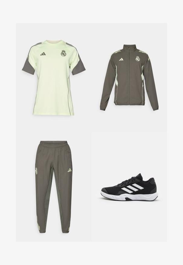 Veste grise avec un col montant, fermeture éclair intégrale et accents vert clair. Comprend le logo Adidas et un design d'écusson sur la poitrine.; Maillot vert clair à manches courtes avec des accents gris, logo noir et rayures. Fabriqué en matériau respirant, conçu pour les vêtements de sport.; Pantalon de sport gris avec taille élastique, présentant une finition texturée et des accents latéraux verts contrastants. Comprend un détail de logo.; Baskets de sport noires avec une tige en mesh texturé, des rayures blanches, une semelle rembourrée et un talon renforcé pour le soutien.