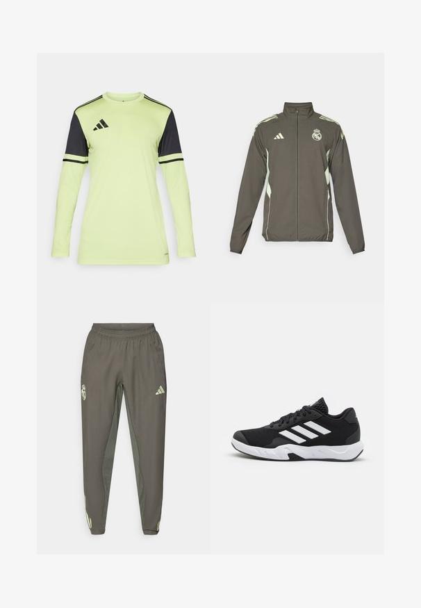 Harmaa takki, jossa on korkea kaulus, koko vetoketju ja vaaleanvihreät yksityiskohdat. Takissa on Adidas-logo ja vaakunasuunnittelu rinnassa.; Pitkähihainen urheilupaita kirkkaan keltaisena mustilla korostuksilla ja raidoilla. Ominaisuuksiin kuuluu pyöreä kaula-aukko ja polyesterimateriaali.; Harmaat urheiluhousut, joissa on joustava vyötärö, karhean pinnan ja erottuvan vihreän sivuvärityksen yksityiskohdat. Mukana logo.; Mustat urheilukengät, joissa on teksturoitu verkkomateriaali yläosassa, valkoiset korostusraidat, pehmustettu pohja ja vahvistettu kanta tuen vuoksi.