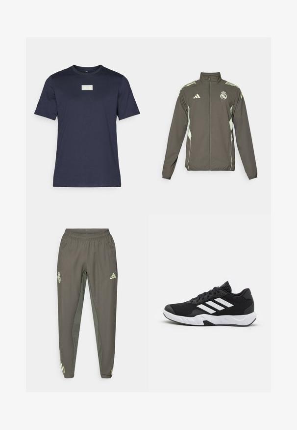 Gray jacket featuring a high collar, full zip, and light green accents. Includes the Adidas logo and a crest design on the chest.; Navy blue short-sleeve t-shirt made of soft fabric, featuring a rectangular logo in light yellow on the upper chest area.; Gray athletic pants with an elastic waistband, featuring a textured finish and contrasting green side accents. Includes a logo detail.; Black athletic shoes with a textured mesh upper, white accent stripes, a cushioned sole, and a reinforced heel for support.