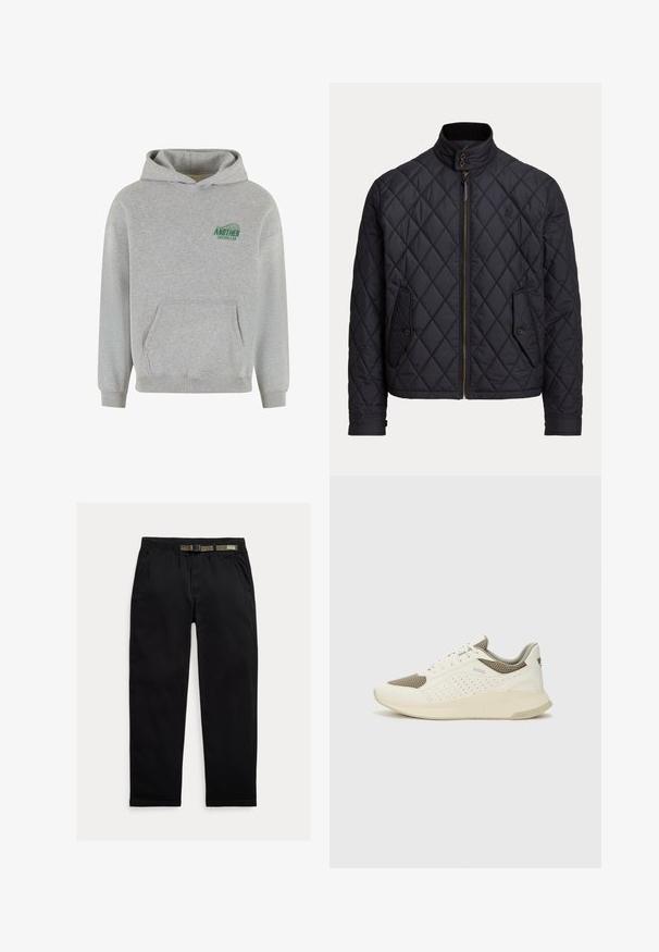 Tumši zila quiltēta jaka ar augstu apkakli, ar rāvējslēdzēju un divām priekšējām asmenēm, kurām ir pogu akcenti. Viegls neilona materiāls.; Pelēka kokvilnas kapuce ar priekšējo kangaroo kabatu, ribotām aproču un apakšmala, un zaļu "ANOTHER COTTON LAB" logotipu kreisajā krūtīs.; Melnas bikses, izgatavotas no viegla auduma, ar elastīgu jostu un integrētu zaļu jostu, taisna piegriezuma un sānu kabatām.; Baltas un gaiši bež sporta apavi, ar sieta augšdaļu, perforētiem detaļām un teksturētu vidusdaļu ar zīmolu uz papēža.