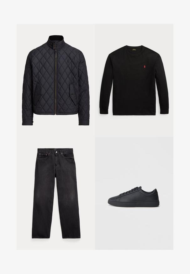 Temno modra prešita jakna z visokim ovratnikom, zadrgo in dvema sprednjima žepoma s poudarkom na gumbih. Lahka najlon material.; Črna majica z dolgimi rokavi iz bombaža. Ima krožni ovratnik, rebraste manšete in majhen rdeč vezen logotip na prsih. Gladka tekstura.; Črne denim kavbojke z sproščenim krojem, ki imajo pet žepov, gumbasto zadrgo in subtilno zbledelost po celotnem materialu.; Črne superge iz gladkega usnja z nizkim dizajnom, okroglo konico in ravnim gumijastim podplatom. Imajo vezalke in subtilno blagovno znamko.