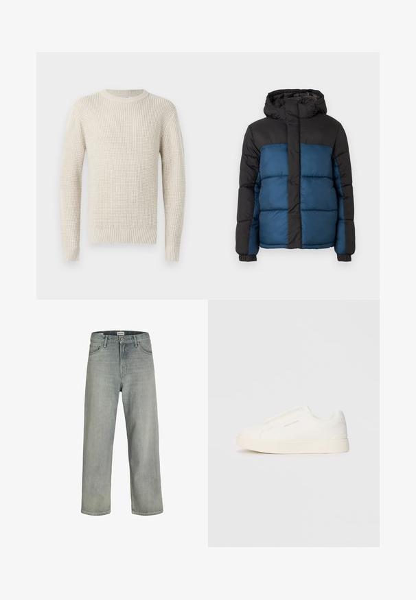 Veste matelassée avec une capuche noire et une partie supérieure noire, dotée d'une partie inférieure bleue. Le design comprend des panneaux cousus horizontalement et des poignets élastiques.; Pull en tricot de couleur crème avec une texture côtelée, col rond et manches longues. Présente une coupe ample et des poignets et un ourlet élastiques.; Jeans gris clair, de coupe ample en denim. Présente un design classique à cinq poches, des passants de ceinture et une silhouette à jambe droite.; Baskets blanches sans lacets avec une surface texturée, une semelle épaisse et un design minimaliste. Présente le logo de la marque sur le côté.