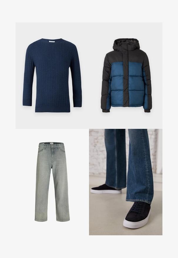 Casaco acolchoado com capuz preto e parte superior, apresentando uma parte inferior azul. O design inclui painéis horizontais acolchoados e punhos elásticos.; O suéter tricotado azul-marinho apresenta um padrão de malha texturizado, um decote redondo e mangas longas. Feito de um tecido suave com um corte ajustado.; Jeans soltos de cor cinza claro feitos de denim. Apresentam um design clássico de cinco bolsos, passadores para cinto e uma silhueta de perna reta.; Tênis de camurça azul escuro com sola de borracha branca e atacadores, combinados com jeans de perna larga em um tom de azul médio.