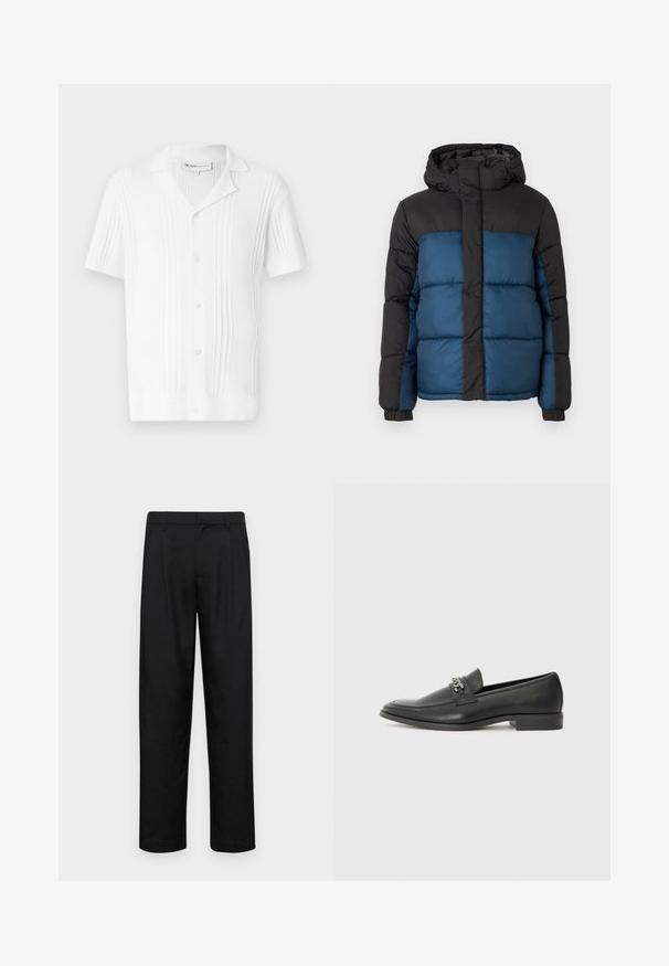 Padded jacket with a black hood and upper section, featuring a blue lower section. The design includes horizontal stitched panels and elastic cuffs.; White short-sleeve shirt with ribbed texture, button closure, and a collar. Features vertical stripes for added detail.; Black trousers made of smooth fabric, featuring a straight-leg design, two front pleats, and standard waistband with belt loops.; Black leather loafer with a smooth finish, featuring a stitched design and a decorative metal chain accent across the vamp. Flat heel.
