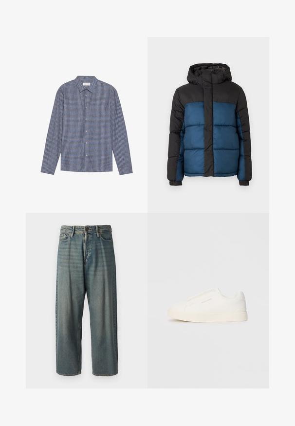 Veste matelassée avec une capuche noire et une partie supérieure noire, dotée d'une partie inférieure bleue. Le design comprend des panneaux cousus horizontalement et des poignets élastiques.; Chemise à manches longues à carreaux bleus et marron avec un col pointu, fermeture à boutons et poignets simples. Tissu doux, coupe régulière.; Jeans en denim bleu clair avec une coupe ample, taille mi-haute et jambes droites. Comprend cinq poches, des passants de ceinture et une fermeture à bouton.; Baskets blanches sans lacets avec une surface texturée, une semelle épaisse et un design minimaliste. Présente le logo de la marque sur le côté.