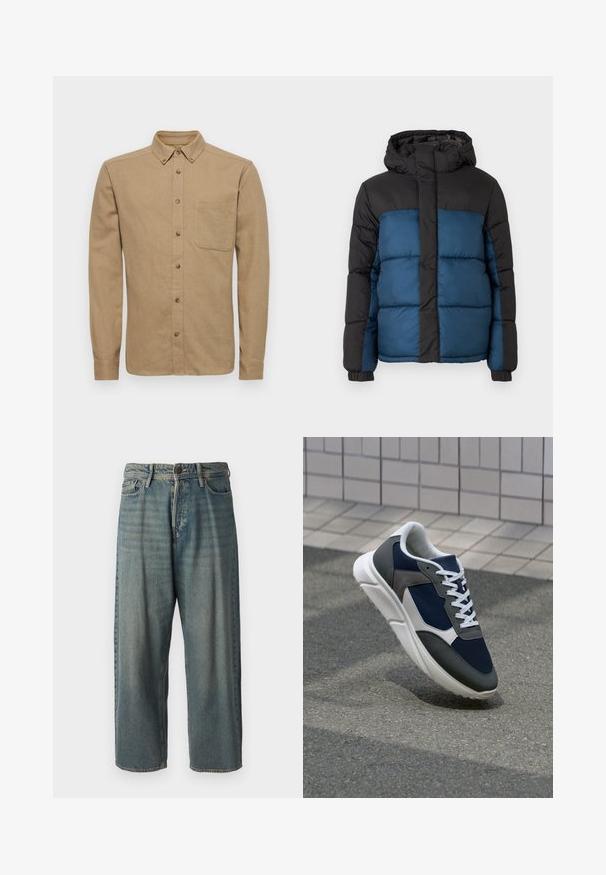 Giacca imbottita con cappuccio nero e parte superiore nera, caratterizzata da una parte inferiore blu. Il design include pannelli cuciti orizzontali e polsini elastici.; Only & Sons ONSGUDMUND SOLID - Camicia - chinchilla; Jeans di denim azzurro chiaro con vestibilità ampia, vita media e gambe dritte. Presenta cinque tasche, passanti per cintura e chiusura con bottone.; Sneaker con tomaia in rete blu navy, inserti in suede grigio, suola in gomma bianca e lacci bianchi piatti, progettata per comfort e traspirabilità.