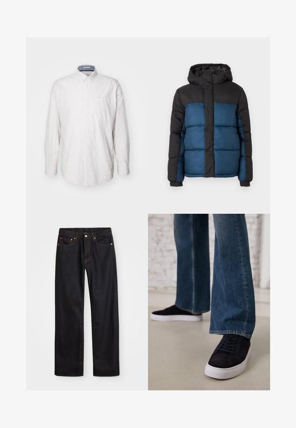 Paminkštintas švarkas su juodu gobtuvu ir viršutine dalimi, pasižymintis mėlyna apatine dalimi. Dizainą sudaro horizontalūs siuvimo segmentai ir elastiniai rankogaliai.; Šviesios spalvos ilgomis rankovėmis marškiniai su plonomis vertikaliomis juostelėmis. Turėtų mygtukų užsegimą ant apykaklės ir krūtinės kišenę. Pagaminti iš tekstūruotos medžiagos.; Vyrų tiesaus kirpimo juodi džinsai iš denim medžiagos, su penkiomis kišenėmis ir oranžinėmis siūlėmis, su mygtuko ir užtrauktuko uždarymu ant priekio.; Tamsiai mėlyni zomšiniai sportbačiai su baltu guminio padu ir raišteliais, derinami su plačiomis džinsinėmis kelnėmis vidutinio mėlynumo skalbimo.