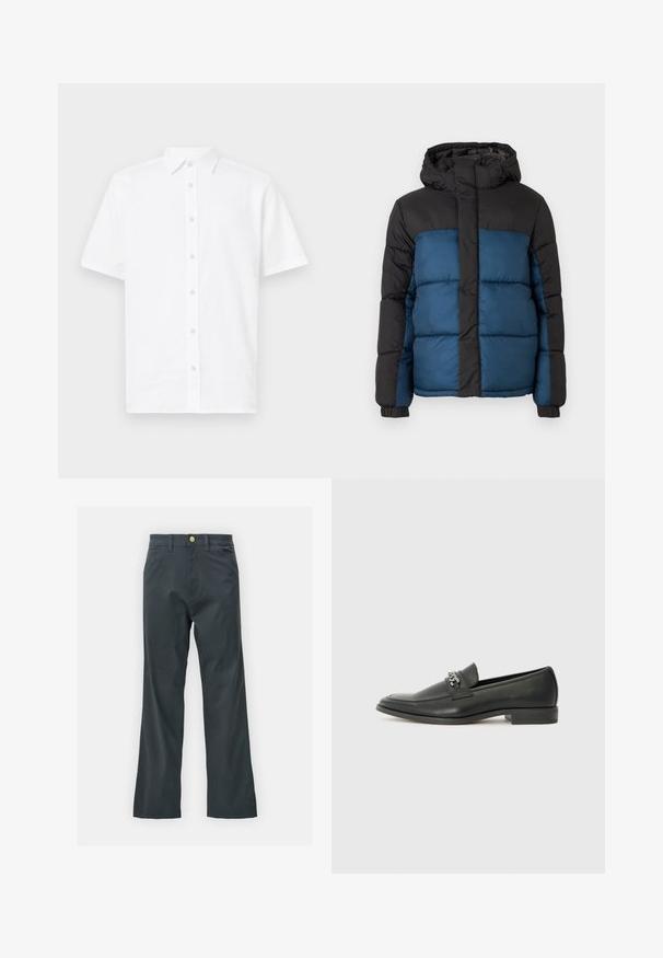 Vaatteet takki, jossa on musta huppu ja yläosa, sekä sininen alaosa. Suunnittelussa on vaakasuoria ommeltuja paneeleita ja joustavat hihansuut.; Valkoinen lyhythihainen nappipaita, joka on valmistettu kevyestä kankaasta. Siinä on klassinen kaulus, suora leikkaus ja kuusi nappia edessä.; Mustat housut suoran lahkeen leikkauksella, valmistettu puuvillasekoitekankaasta. Varustettu metallinappikiinnityksellä ja sivutaskuilla. Ei näkyviä kuvioita.; Musta nahkakengät, joissa on sileä pinta, koristeelliset ompeleet ja metalliketjun yksityiskohta kengän päällä. Littee korko.