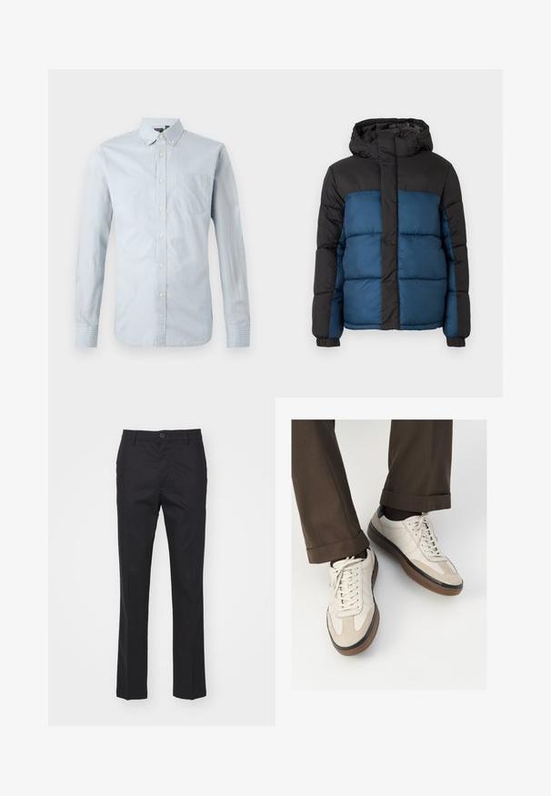 Giacca imbottita con cappuccio nero e parte superiore nera, caratterizzata da una parte inferiore blu. Il design include pannelli cuciti orizzontali e polsini elastici.; Camicia button-up in azzurro chiaro con sottili righe verticali. Dotata di colletto, maniche lunghe, taschino sul lato sinistro e dettagli con bottoni.; Pantaloni neri realizzati in un tessuto morbido, con un design a gamba dritta, tasche frontali e un'unica chiusura con bottone in vita.; Sneakers beige con una parte anteriore in suede testurizzato, lati in pelle liscia e una suola in gomma marrone. Inclusi lacci e dettagli di cucitura leggera.