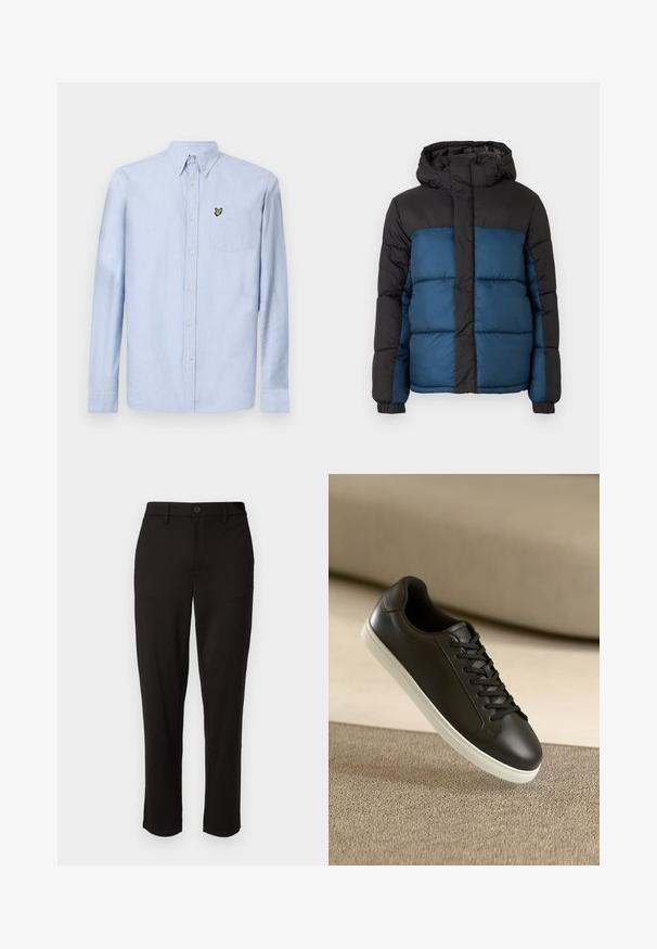 Pletená bunda s černou kapucí a horní částí, s modrou dolní částí. Design zahrnuje horizontálně prošité panely a elastické manžety.; Světle modrá dlouhá košile s manžetami, náprsní kapsou a vyšitým logem. Vyrobena z texturované bavlněné látky.; Černé kalhoty vyrobené z lehkého materiálu, s rovnými nohavicemi, zapínáním na knoflík vpředu, poutky na opasek a bočními kapsami.; Černé kožené tenisky s bílou gumovou podrážkou a černými tkaničkami, umístěné na béžovém textilním povrchu a pozadí.