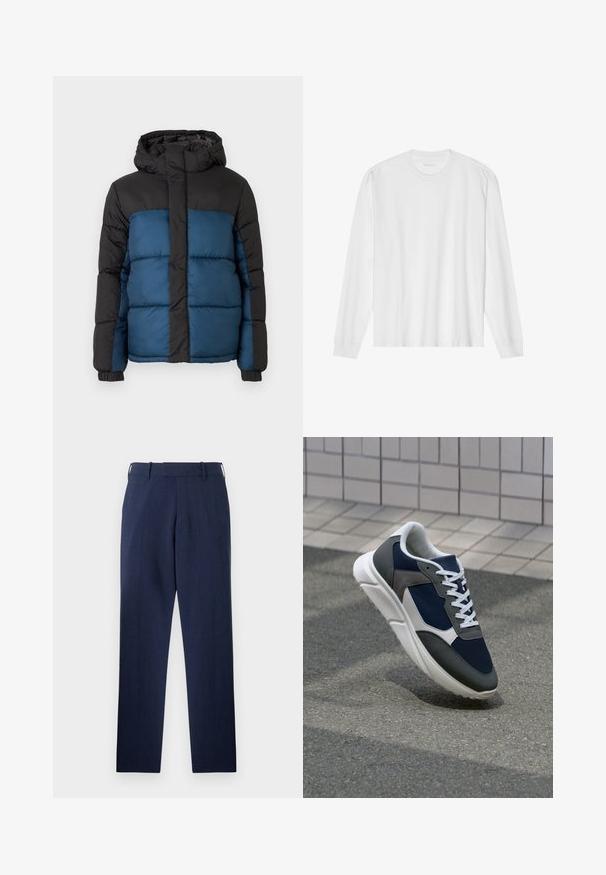 Casaco acolchoado com capuz preto e parte superior, apresentando uma parte inferior azul. O design inclui painéis horizontais acolchoados e punhos elásticos.; Camiseta de algodão branca de mangas longas com gola redonda e punhos canelados. Design simples e limpo, apresentando uma textura suave e um ajuste padrão.; Calças azul marinho feitas de tecido texturizado, apresentando um design de perna reta, passantes para cinto e bolsos frontais para funcionalidade.; Sapatilha com parte superior em malha azul-marinho, detalhes em camurça cinza, sola de borracha branca e atacadores brancos planos, projetada para conforto e respirabilidade.